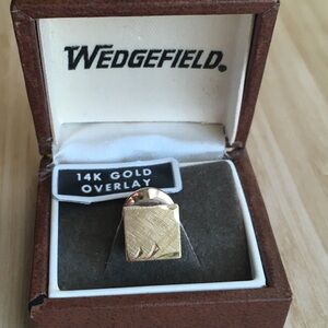 14K Yellow Gold Overlay Tie Tack Pin with Safety Chain, Square, Brushed Texture